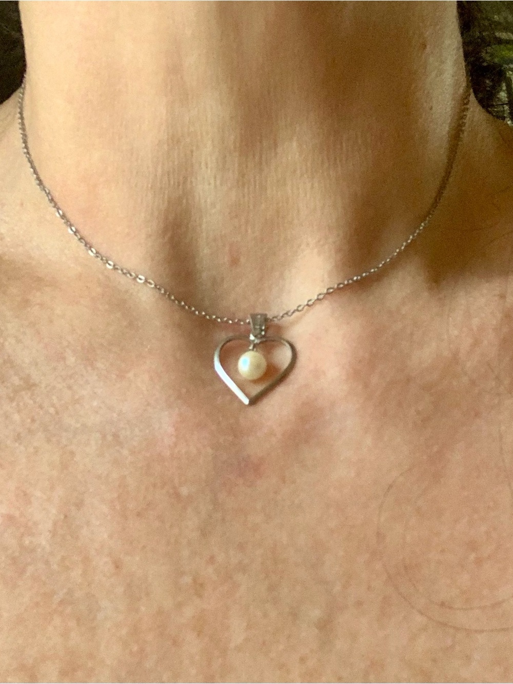 Vintage Sterling Silver Necklace with heart and dangling pearl #56